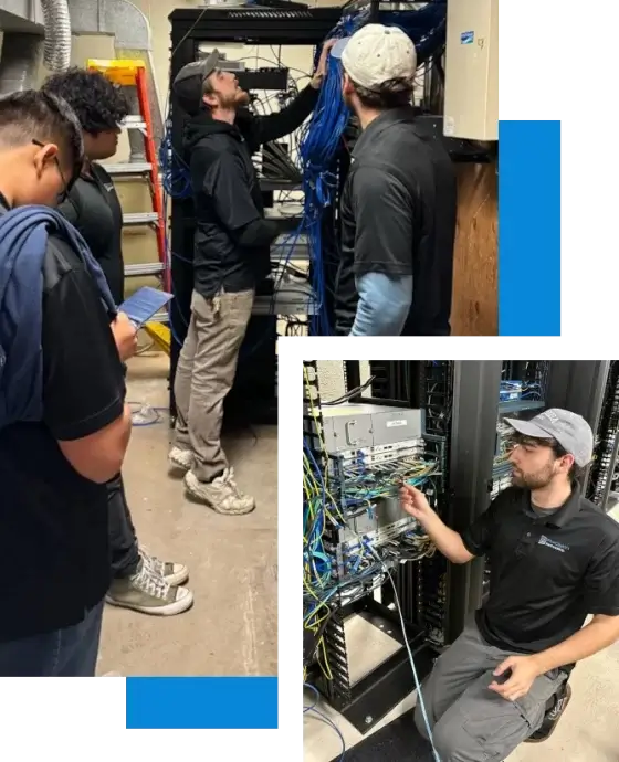Precision Networks team members troubleshooting and managing networking equipment in a server room